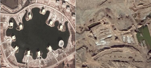 图4甘肃张掖黑河湿地维护区游览设备(左)跟采石场(右)遥感影像图